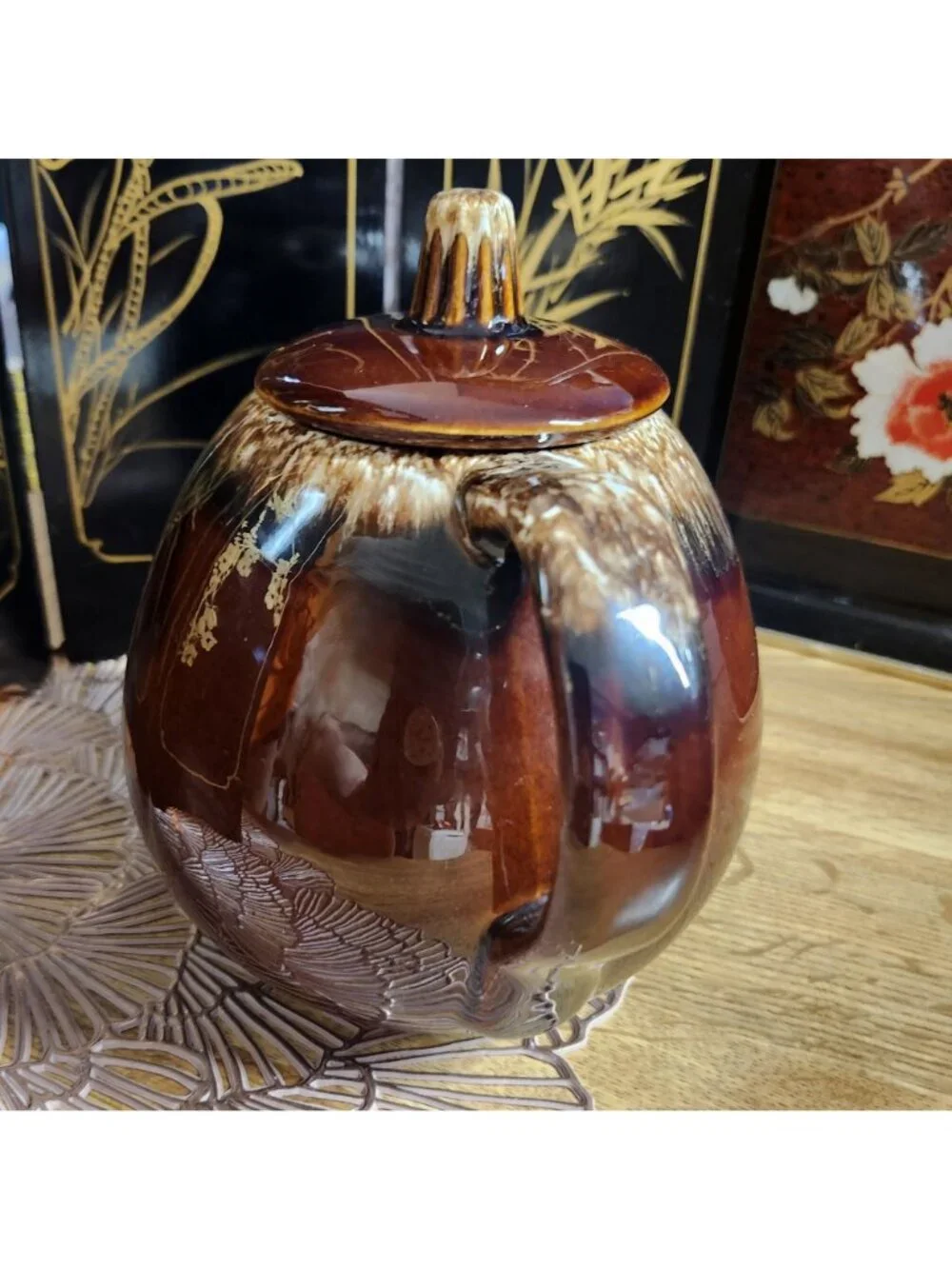 Hull Pottery Teapot Drip Glaze Brown Cream Vintage